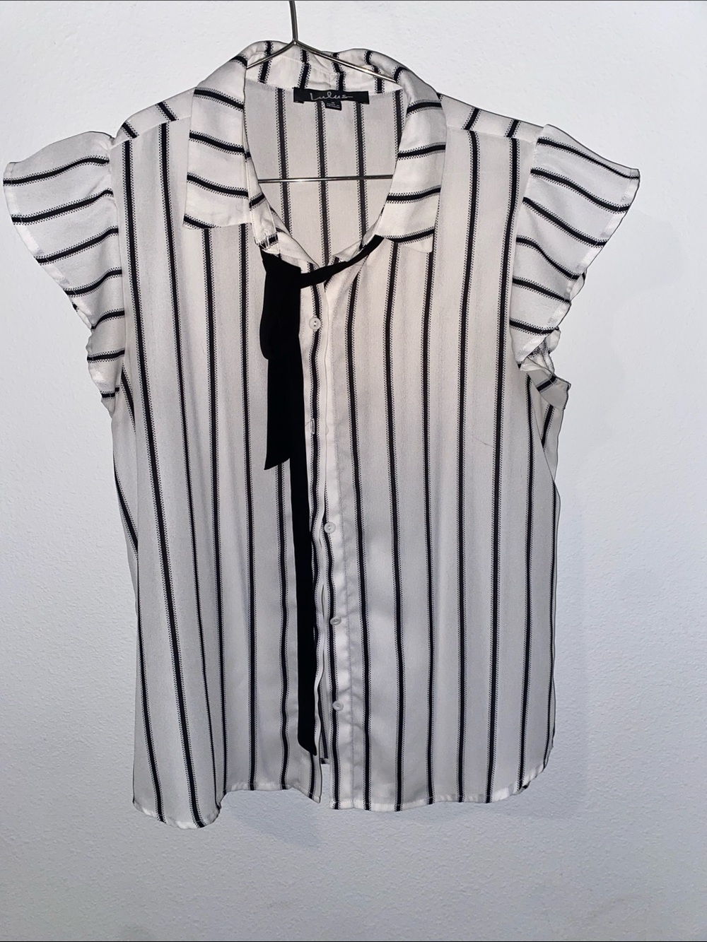 Lush White and Black Striped Tie-Neck Blouse